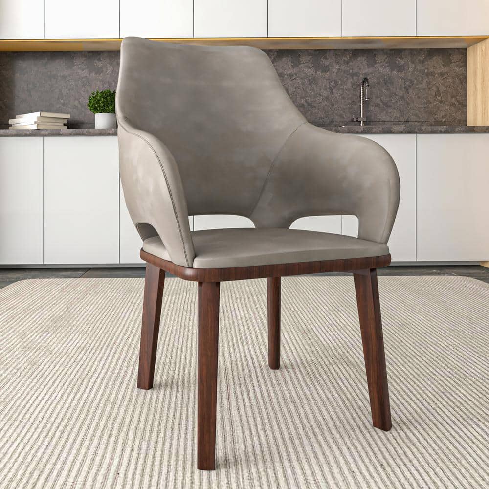 Gray Faux Leather Arm Chair with Rubberwood Legs