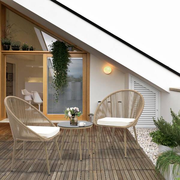 Wateday Outdoor Brown 3-Piece Wicker Patio Conversation Seating Set with Tan Cushions