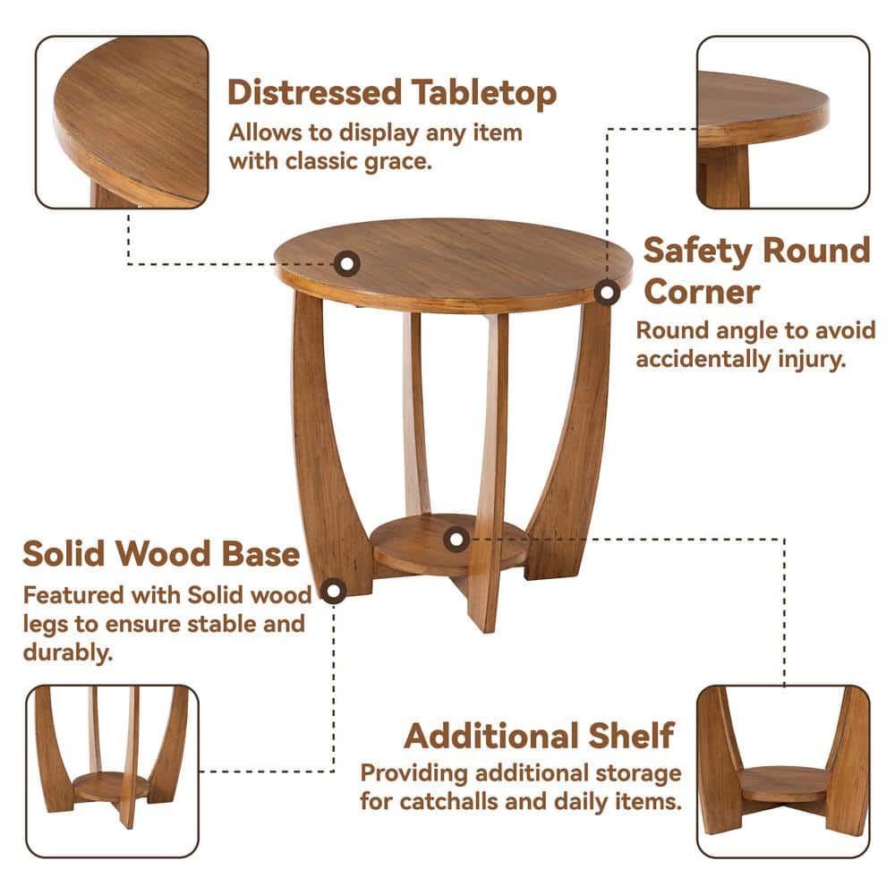 Rustic Caramel Brown Round Wood End Table with Shelf