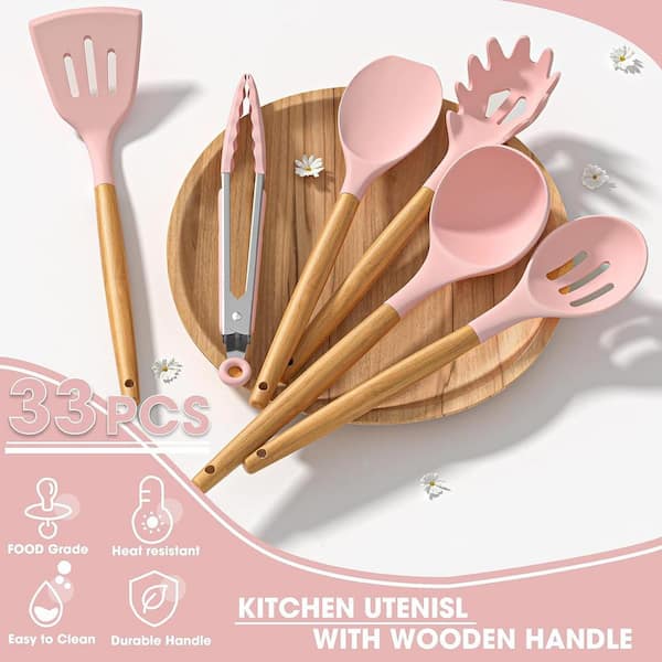 Aoibox 33-Piece Silicon Cooking Utensils Set with Wooden Handles and Holder for Non-Stick Cookware, Green