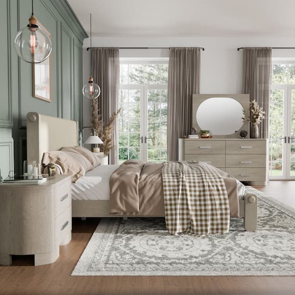 Susan 5-Piece White Oak Wood Frame King Panel Bedroom Set with Charging Ports on Nightstand, Round Edges and Feet