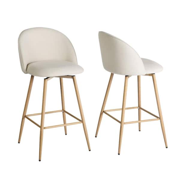 Haseeb 26 in. Modern Swivel Upholstered Counter Height Bar Stool with Curved Back Ivory White Fabric/Oak Legs (Set of 2)