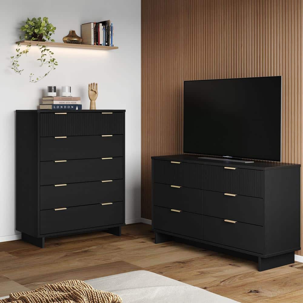 Manhattan Comfort Granville Black 5-Drawer 37.8 in. W Tall Chest and  6-Drawer 55.04 in. W Double Dresser (Set of 2) GRAN062 - The Home Depot