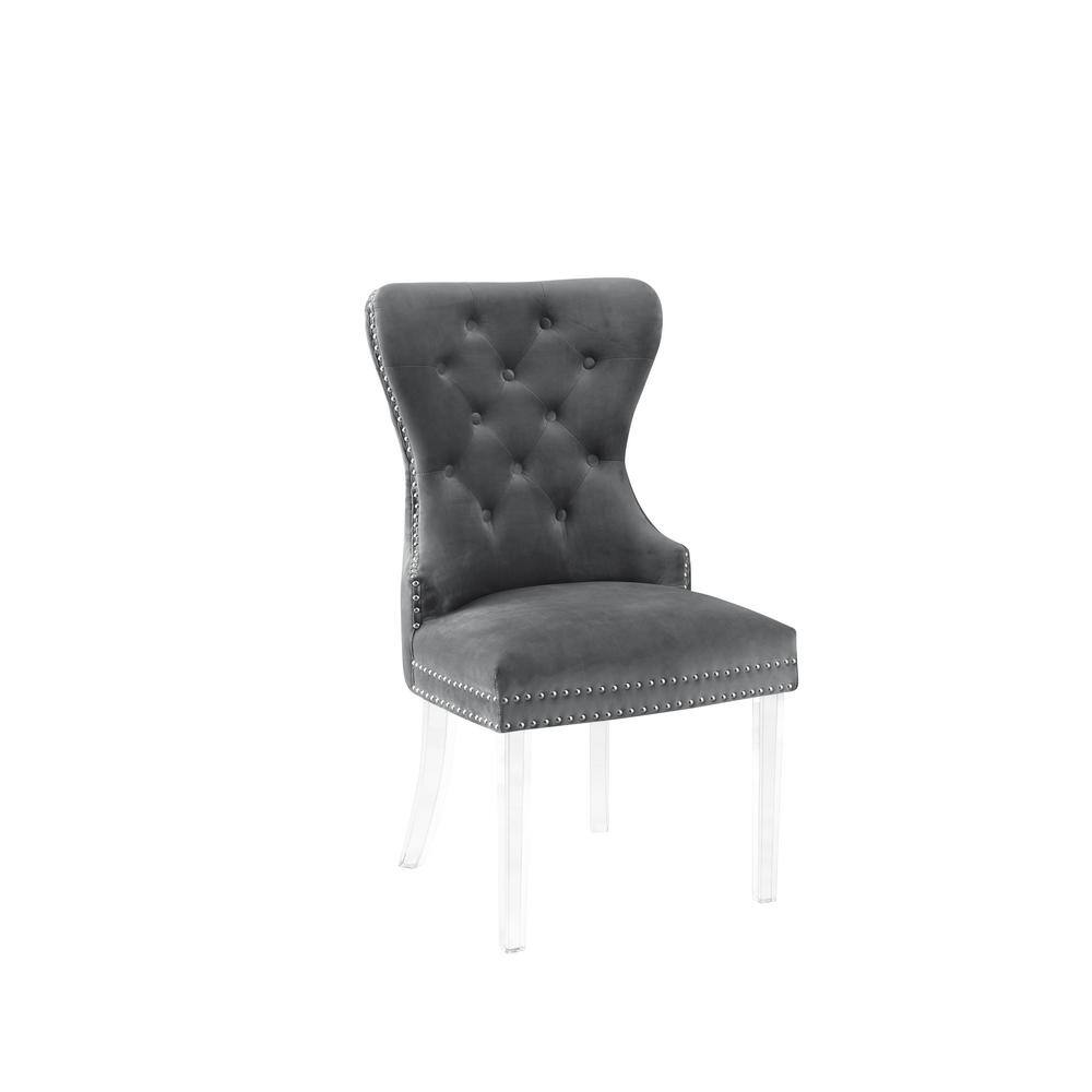Dark Gray Velvet Tufted Side Chairs with Acrylic Legs, Set of 2