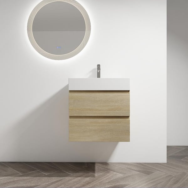 Unbranded 24 in. W x 18 in. D x 24 in. H Single Sink Wall-Mounted Bath Vanity in Light Oak with White Cultured Marble Top