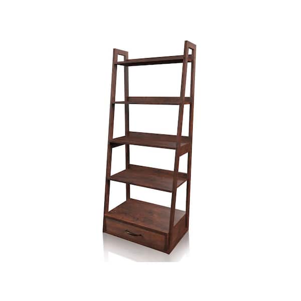 Furniture of America 64 in. Brown Cherry Wood 5-shelf Ladder Bookcase with Drawers