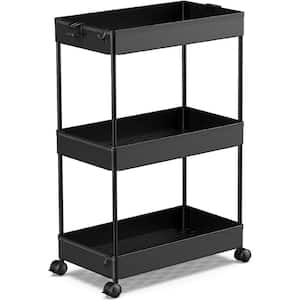 15 in. x 9 in. x 23 in. 3-Tier Plastic Storage Rolling Cart, Black Outdoor Storage Cabinet for Laundry Room Bathroom