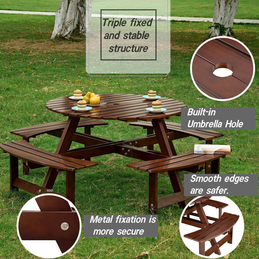 Brown Wood Round 8-Person Picnic Table with Built-in Benches and Umbrella Hole