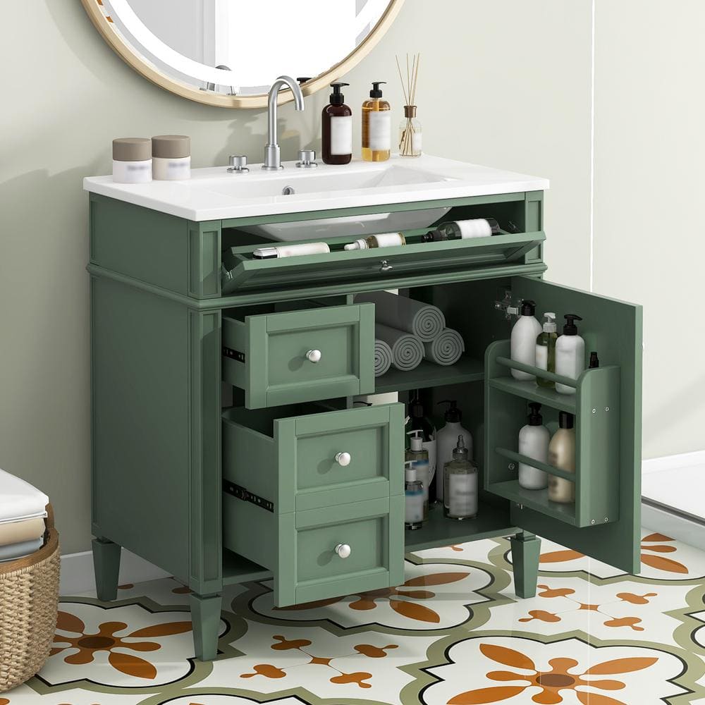 30 in. W Single Sink Bath Vanity in Green with White Ceramic Top, Storage Cabinet with 2 Drawers and a Tip-Out Drawer price history on PriceWatchPro