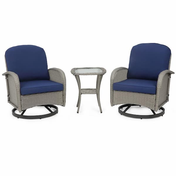 INNUMIA Gray 3-Pieces Wicker Patio Conversation Set with Cushion Guard Blue Cushion