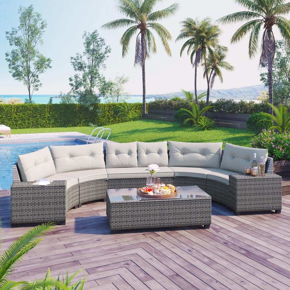 8-Pieces Wicker Outdoor Round Sofa Set, Patio Sectional Set with Rectangula