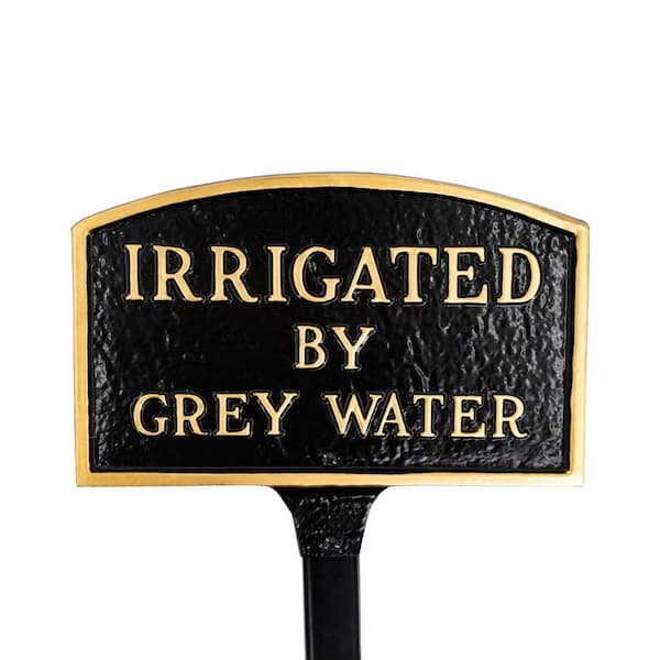 Montague Metal Products 5.5 in. x 9 in. Small Arch Irrigated by Grey Water Statement Plaque Sign with Lawn Stake - Black/Gold