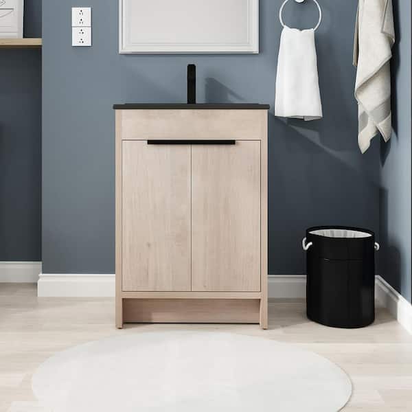 Staykiwi 24 in. W. x 18.3 in. D x 34 in. H Freestanding Bathroom Vanity in Plain Light Oak with Black Ceramic Top