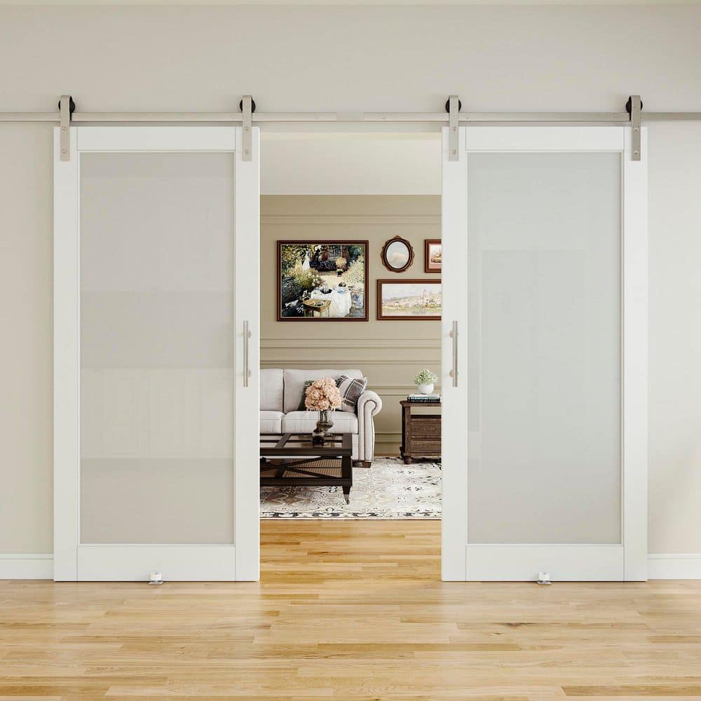 68 in. x 80 in. 1-Lite Tempered Frosted Glass White Finished MDF Sliding Barn Door with Hardware Kit Nickel Plated price history on PriceWatchPro