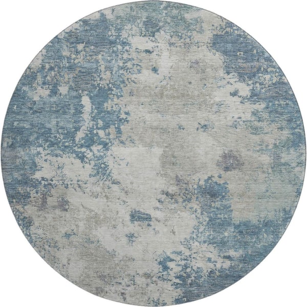 Mayfield Premium Machine Washable Abstract AMF2363 Denim 8 ft. x 8 ft. Round Rug
