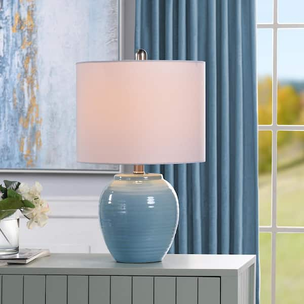 20.5 in. Light Blue Crackle Table Lamp with Frosted White Hardback Fabric  Shade