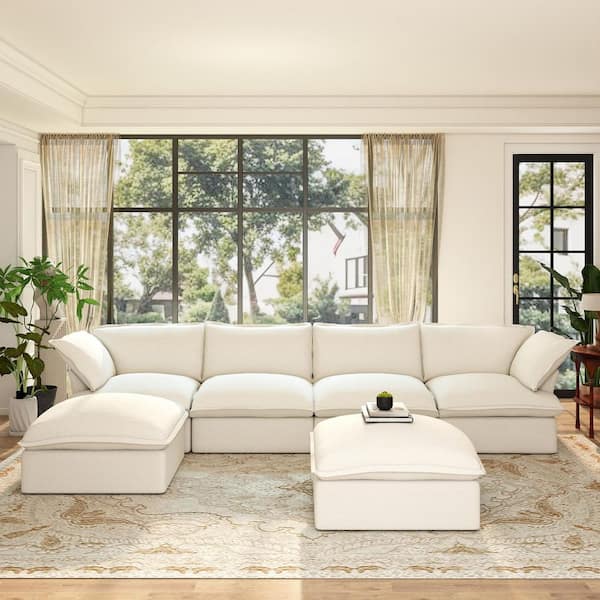 Magic Home U-shaped 163 in. Flared Arm 6-piece Down Filled Linen Modular Sectional Sofa Bed Cloud Couch with 2 Ottomans in White