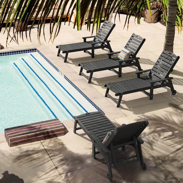LUE BONA Hampton Black Patio Plastic Outdoor Chaise Lounge Chair with Adjustable Backrest Pool Lounge Chair and Wheels Set of 4