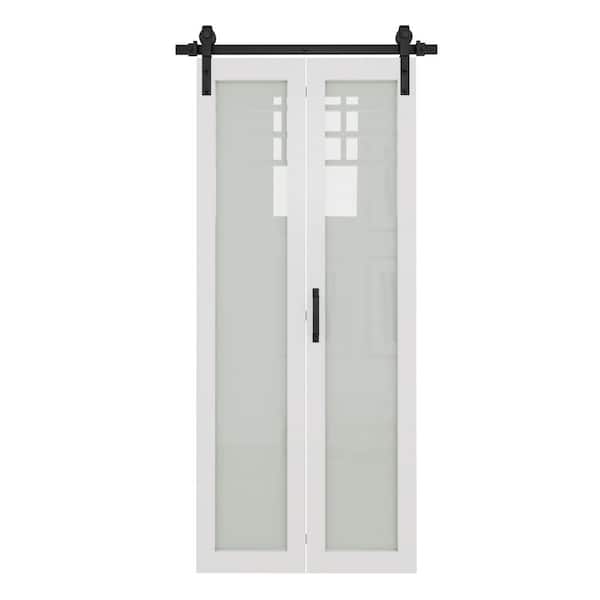 36 in. x 84 in. Full Lite Tempered Frosted Glass White Finished MDF Bi-Fold Sliding Barn Door Slab with Hardware Kit
