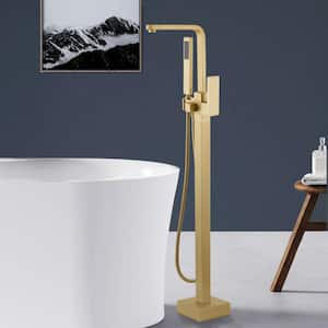 Single-Handle Freestanding Tub Faucet with Hand Shower Floor Mount in Brushed Brass