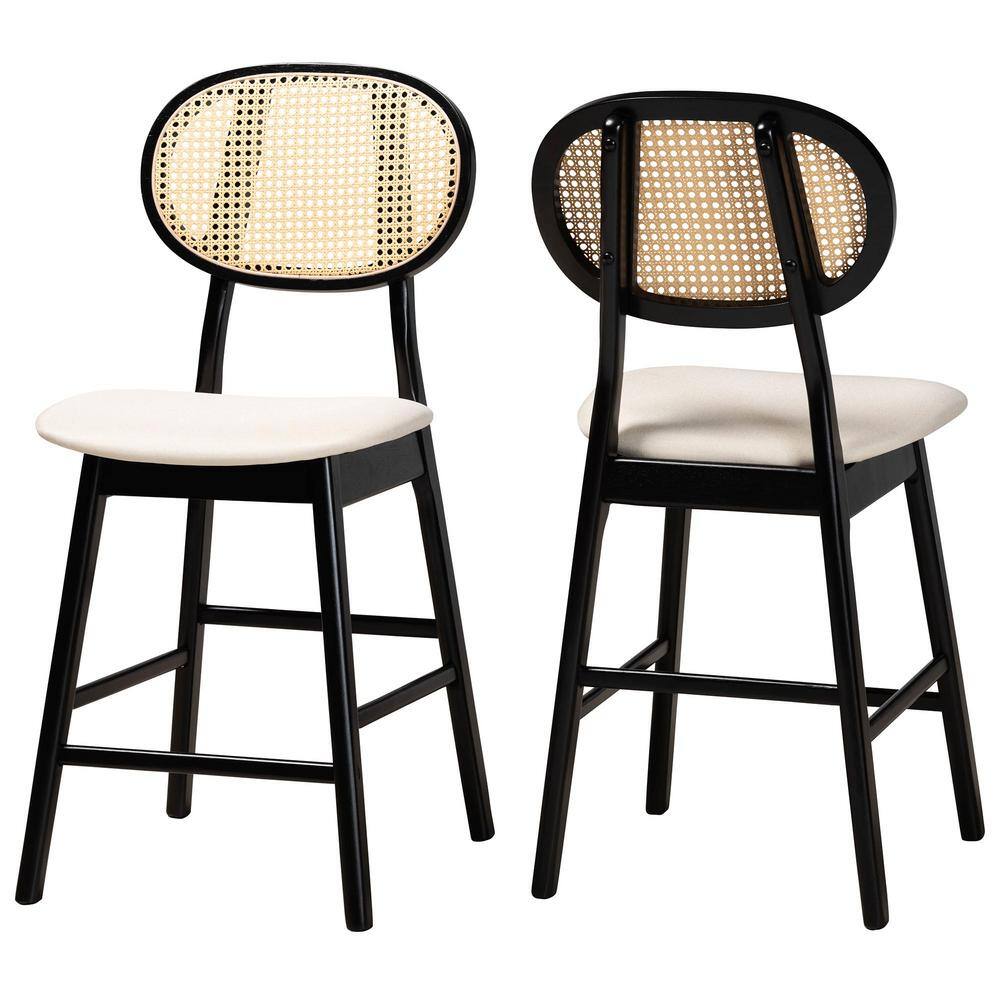 Cream and Black Woven Wood Counter Stools, Set of 2
