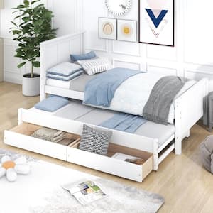 White Wood Frame Twin Size Platform Bed with Trundle and 2 Drawers