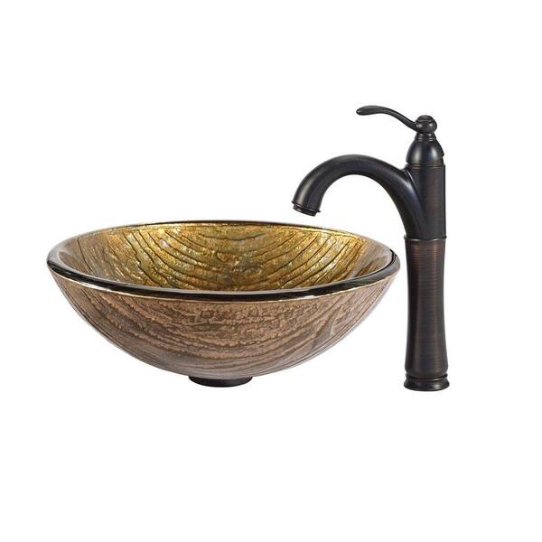 KRAUS Terra Glass Vessel Sink in Gold with Riviera Faucet in Oil Rubbed Bronze