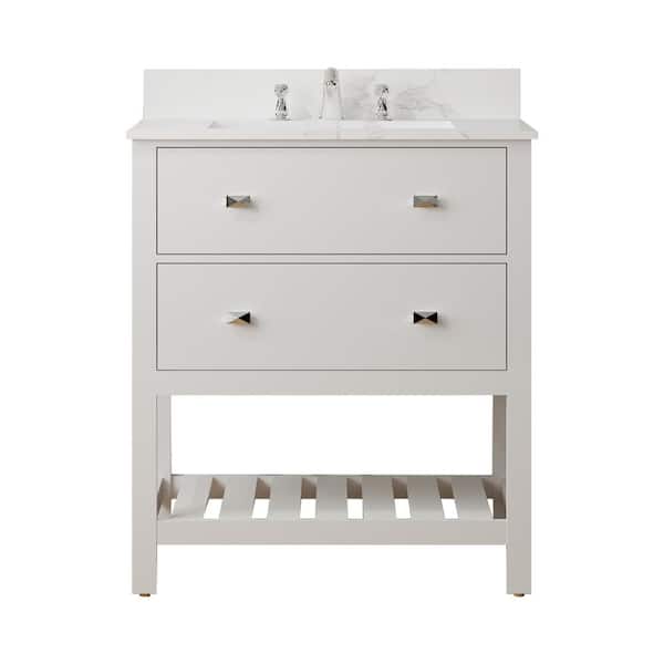 RAINLEX 30 in. W x 19 in. D x 36.5 in. H Single Sink Freestanding Bath Vanity in White with White Natural Marble Top