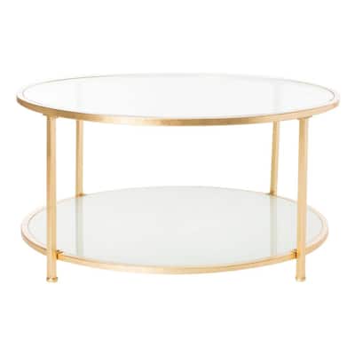 Ivy 38 in. Gold/Clear Medium Round Glass Coffee Table with Shelf