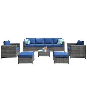 Ontario Lake Gray 9-Piece Wicker Outdoor Patio Conversation Seating Set with Navy Blue Cushions