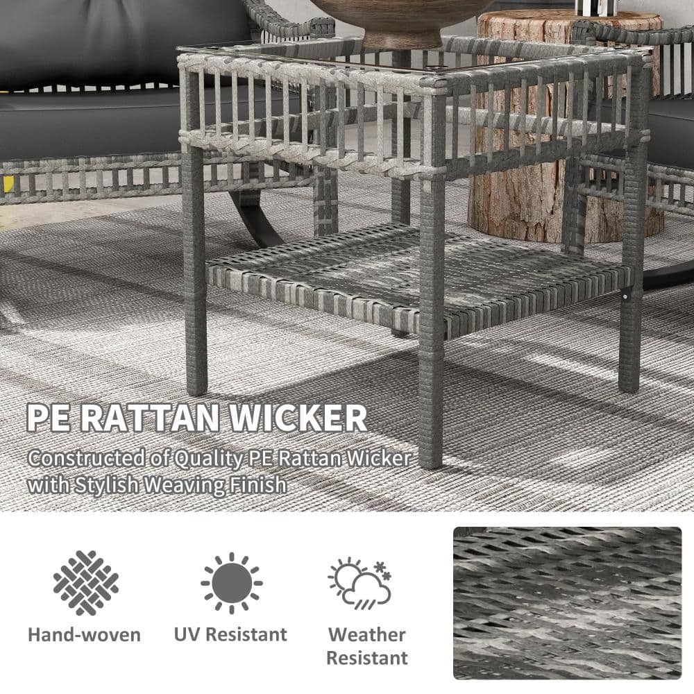 Details showing the woven texture and weather resistance of the rattan.