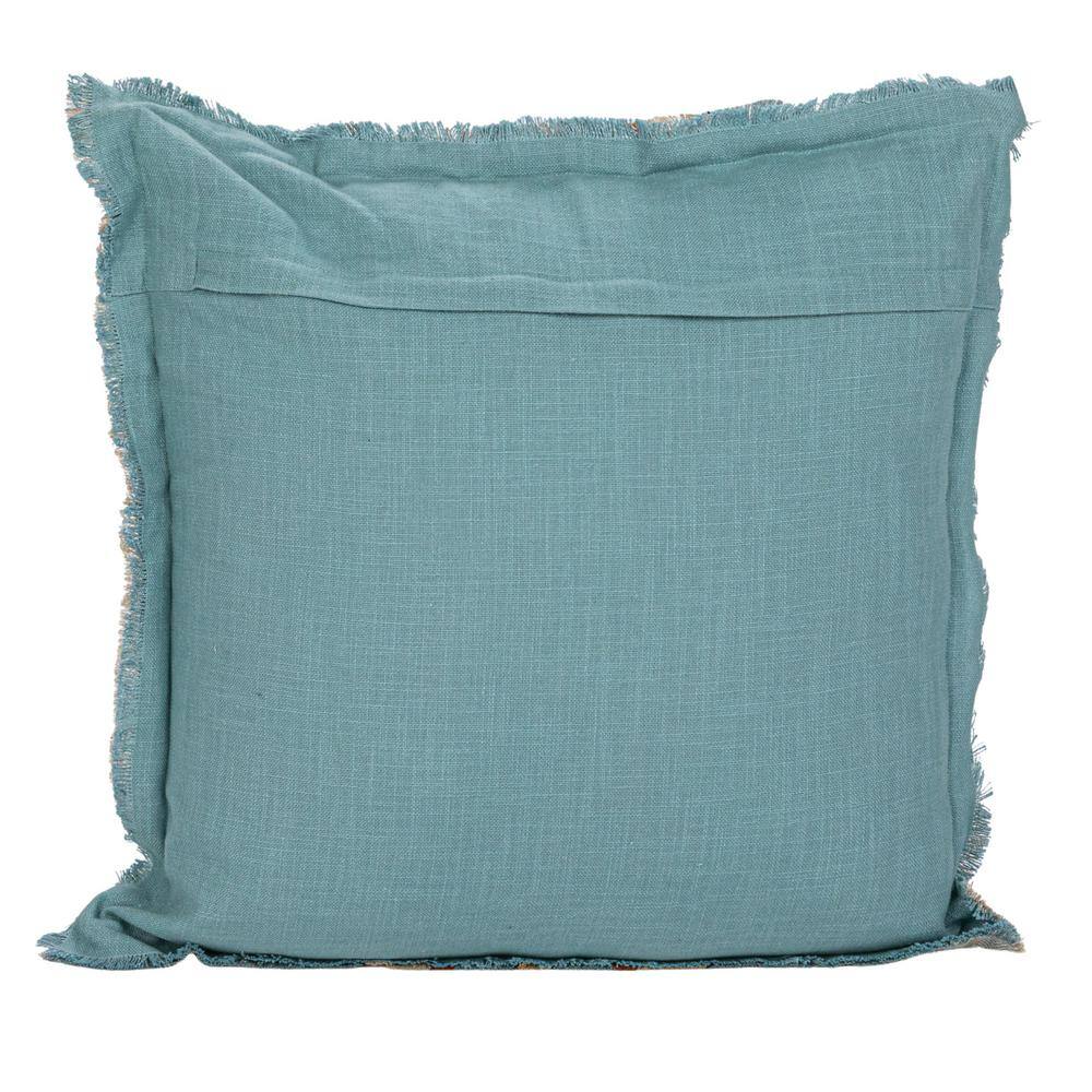 20" Blue and Beige Linen Striped Pillow with Fringe