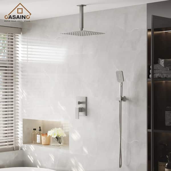 3-Spray Pattern 12 in. Ceiling Mount Shower System Shower Head and Functional Handheld, Brushed Nickel (Valve Included)