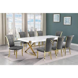 Miguel 9-Piece Rectangle White Wood Top Gold Stainless Steel Dining Set with 8 Dark Grey Velvet Chairs