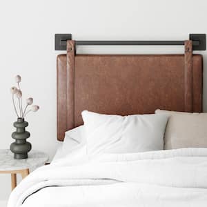 Harlow 36 in. Vintage Brown PU Leather with Adjustable Straps and Black Metal Rail Twin Wall Mount Upholstered Headboard