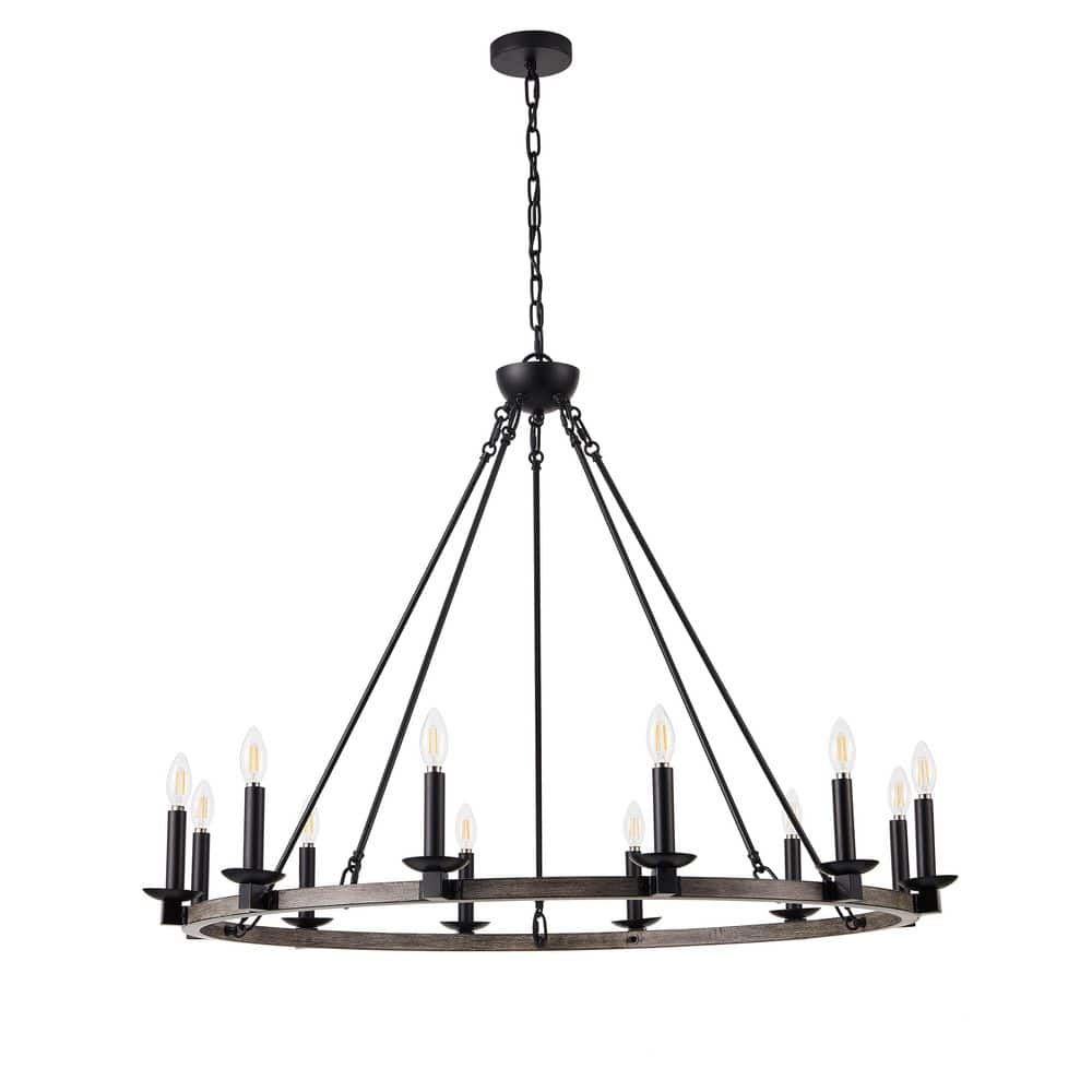 39.37 in. 12-Light Farmhouse Wagon Wheel Chandelier Rustic Industrial Candl