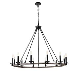 39.37 in. 12-Light Farmhouse Wagon Wheel Chandelier Rustic Industrial Candle Hanging Ceiling Light