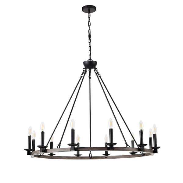 aiwen 39.37 in. 12-Light Farmhouse Wagon Wheel Chandelier Rustic Industrial Candle Hanging Ceiling Light