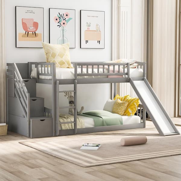 Qualler Gray Stairway Twin Over Twin Bunk Bed with 2-Drawers and Slide ...