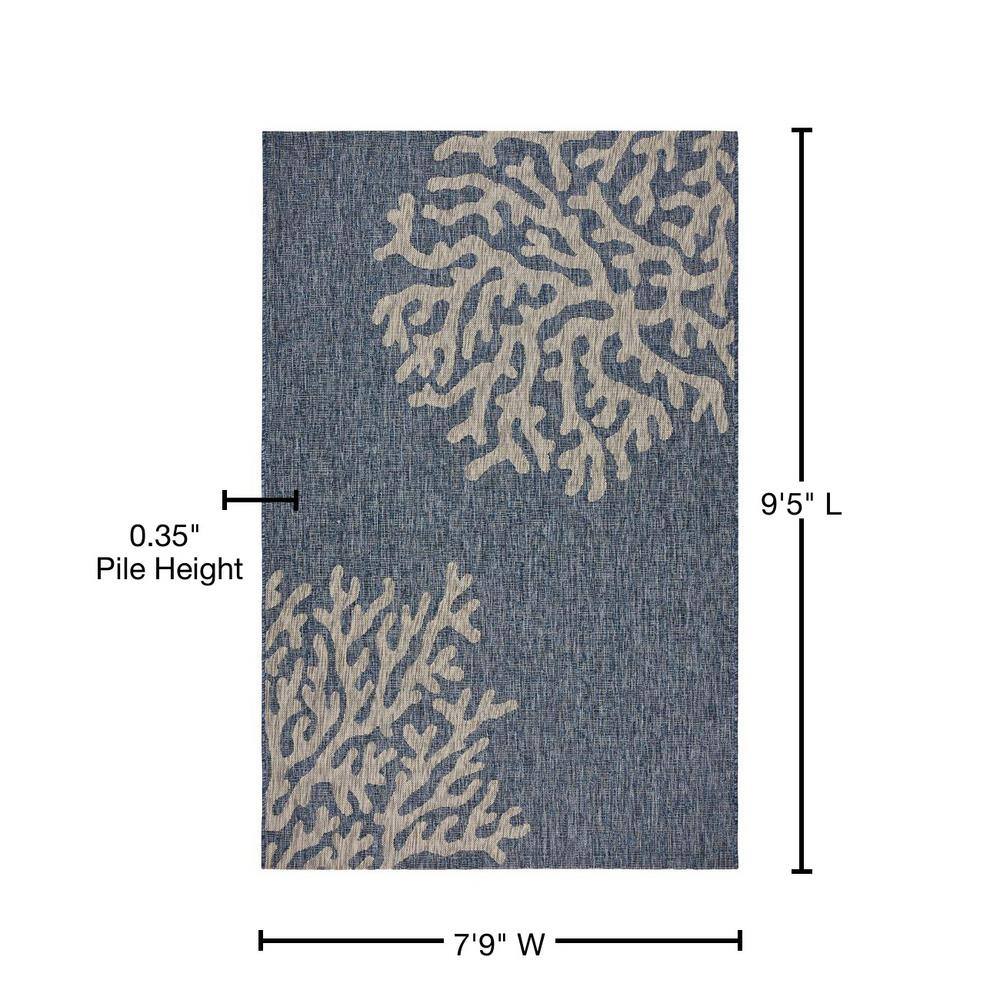 Navy and Gray Coastal Coral Pattern Synthetic Outdoor Rug, 8' x 10'