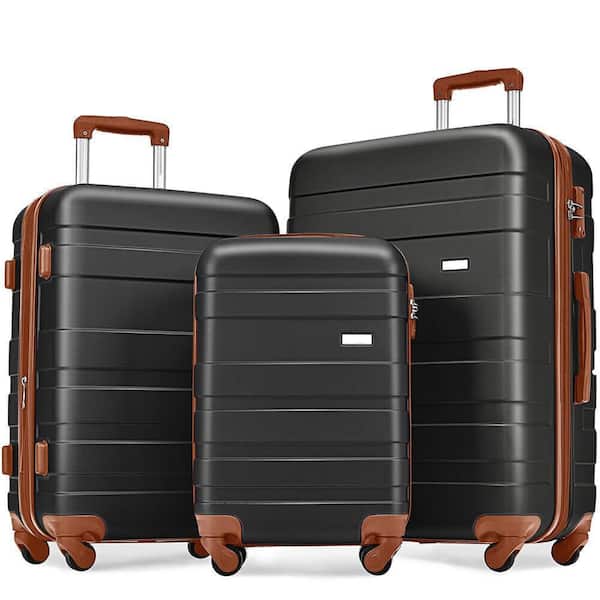 Black and Brown Lightweight Durable 3-Piece ABS Hardshell Spinner Luggage Set with TSA Lock