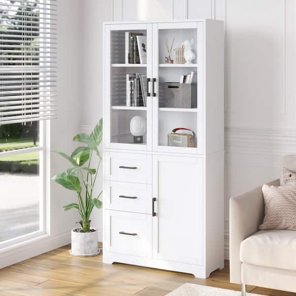 Karl home White 66.9 in. H Display Cabinet Storage Cabinet with 3 Doors 3 Drawers 5 Shelves Modern Style