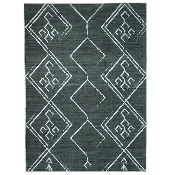 PLAYA RUG Aspen Green Creme 4 ft. x 6 ft. Machine Washable Tribal Moroccan Bohemian Polyester Non-Slip Backing Area Rug