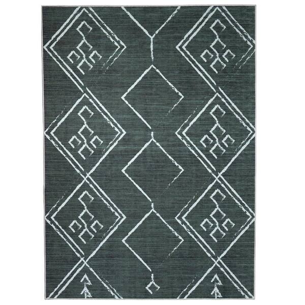 PLAYA RUG Aspen Green Creme 5 ft. 4 in. x 8 ft. Machine Washable Tribal Moroccan Bohemian Polyester Non-Slip Backing Area Rug