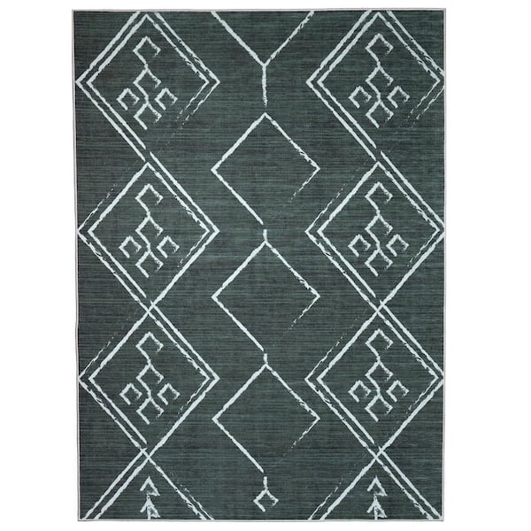 Unbranded Aspen Green Creme 5 ft. 4 in. x 8 ft. Machine Washable Tribal Moroccan Bohemian Polyester Non-Slip Backing Area Rug