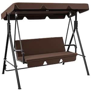 3-Person Brown Metal Outdoor Patio Swing Chair with Adjustable Canopy and Removable Cushion