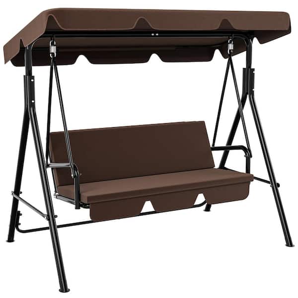 DEXTRUS 3-Person Brown Metal Outdoor Patio Swing Chair with Adjustable Canopy and Removable Cushion