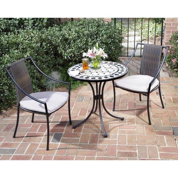 Homestyles Black And Tan 3 Piece Tile Top Patio Bistro Set With Taupe Cushions 5605 340 The Home Depot - Patio Furniture Bistro Cushions