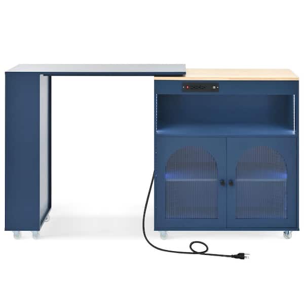 Unbranded Navy Blue Rubber Wood Kitchen Cart with Extended Table, LED Lights, 2-Fluted Glass Doors and Power Outlets