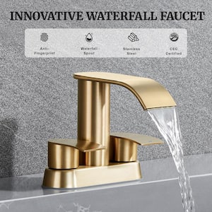 4 in. Centerset Double Handle Waterfall Spout Bathroom Vessel Sink Faucet with Pop Up Drain Kit in Champagne Brown